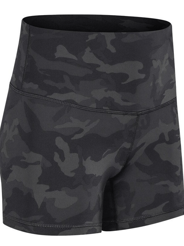 Black camo women's training shorts, nylon and spandex blend for comfort and style during workouts, ideal for yoga or exercise.